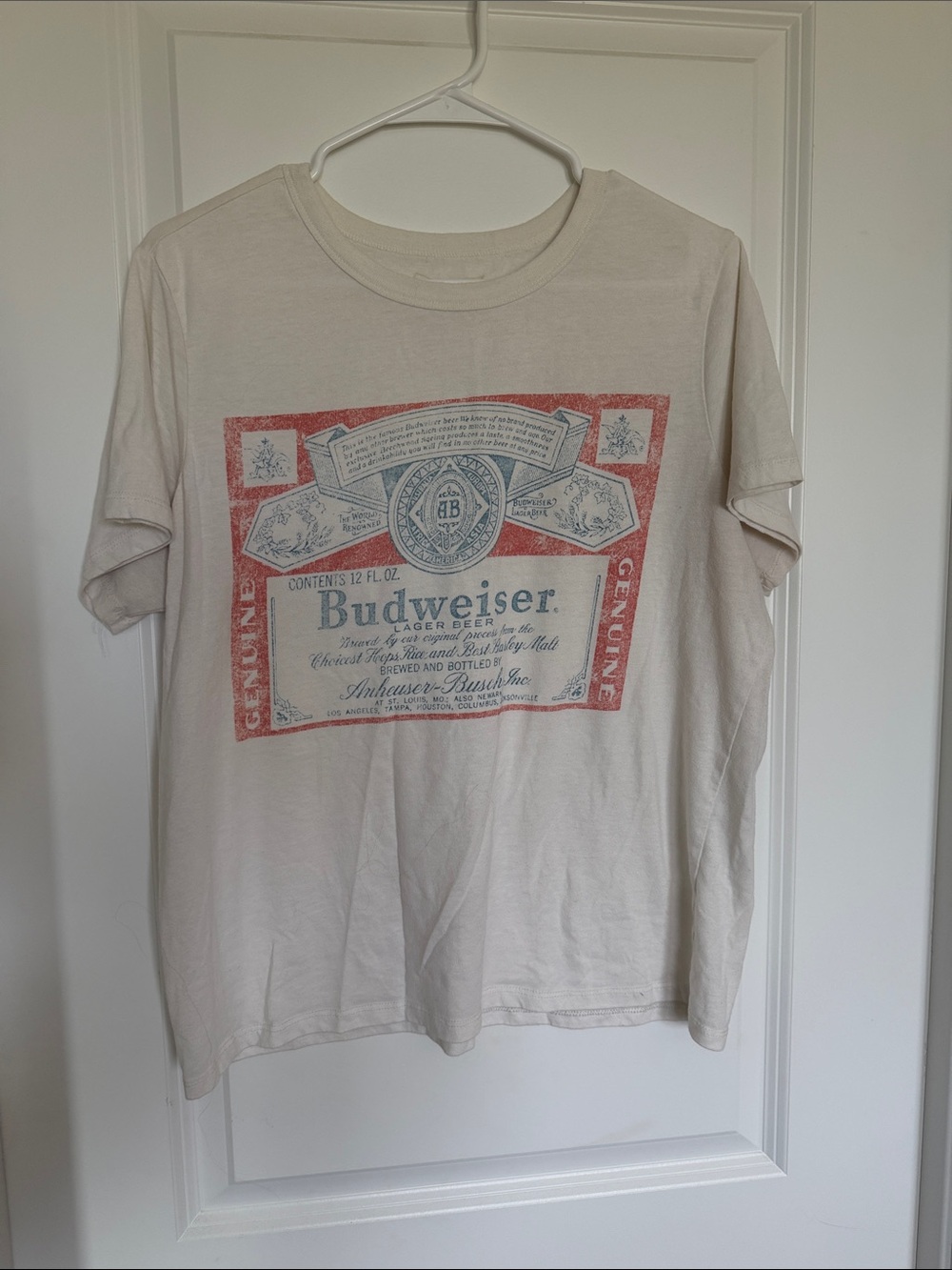 Budweiser Cream Short Sleeve Tee with Red & Blue Label